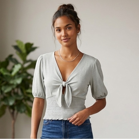 Abercrombie & Fitch Tops - Abercrombie & Fitch Smocked Waist Tie-Front Puff Sleeve Top - Grey Size M